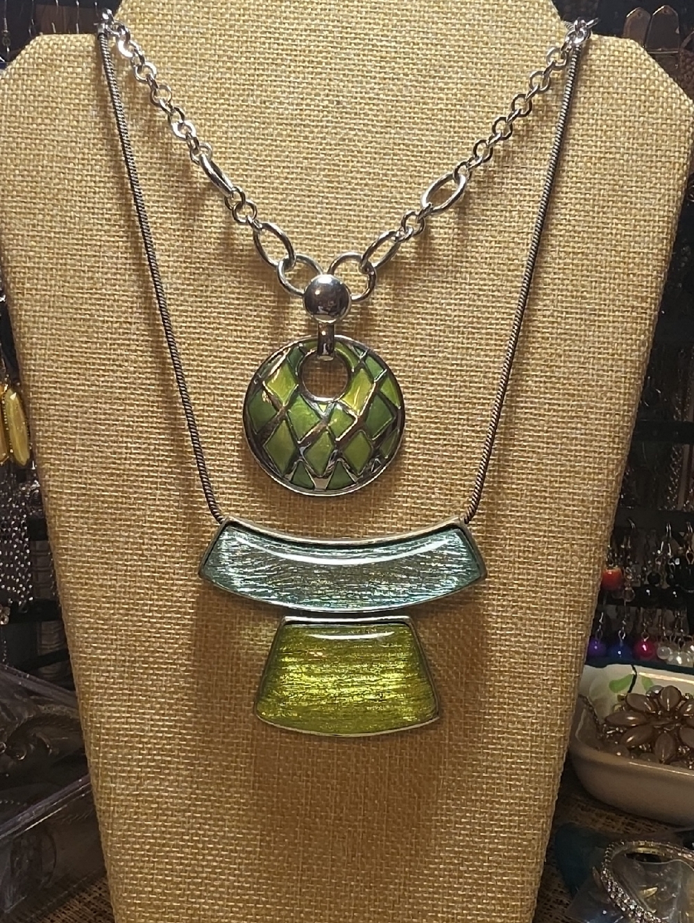 Layered Green Enamel Pendant Necklace for Women